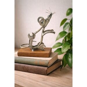 Vintage Artisan Scrap Metal Mouse Sculpture Industrial Tool Art Wood Base 4.25in